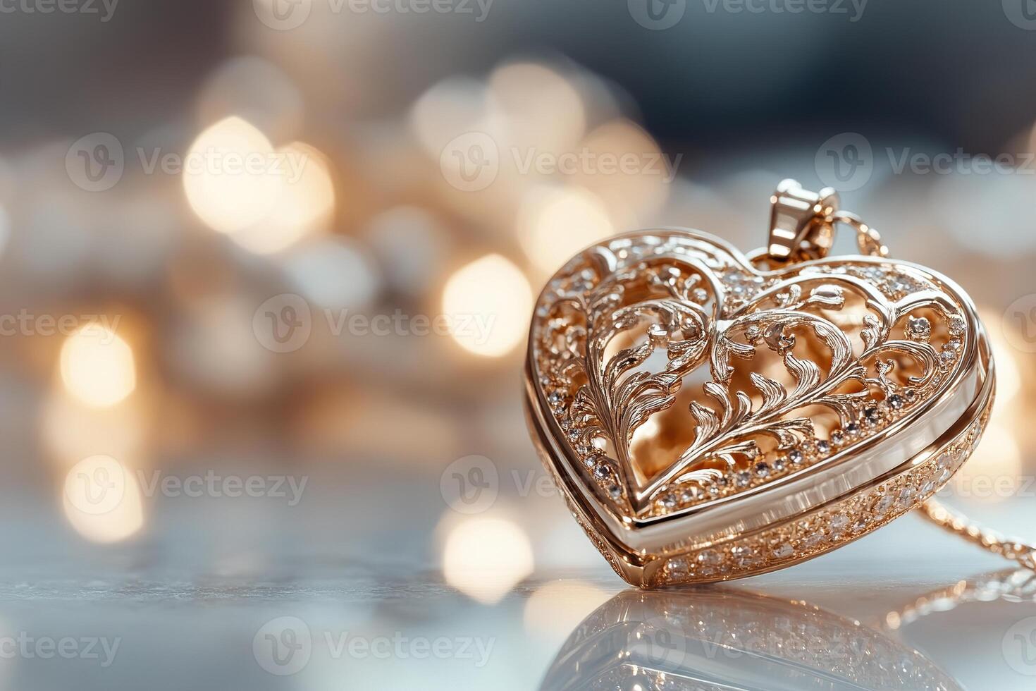 This gold heart-shaped locket features exquisite craftsmanship with intricate details, resting on a polished surface. A soft, glowing background creates a romantic and sentimental atmosphere photo