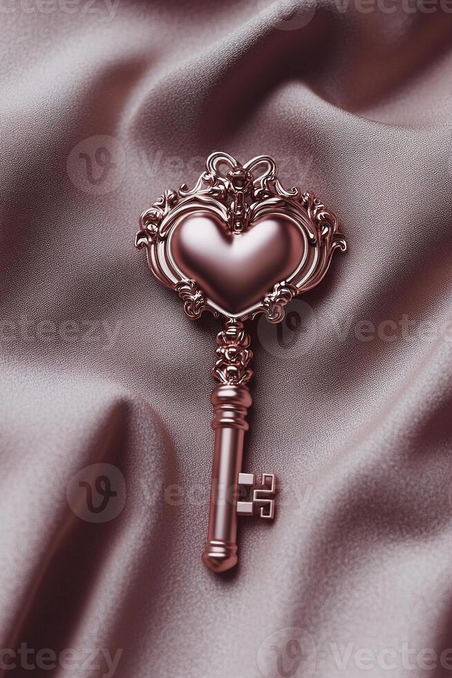 A beautifully crafted key featuring a heart-shaped head lies gracefully on a luxurious velvet surface, complemented by subtle glowing accents and ample space for text placement photo