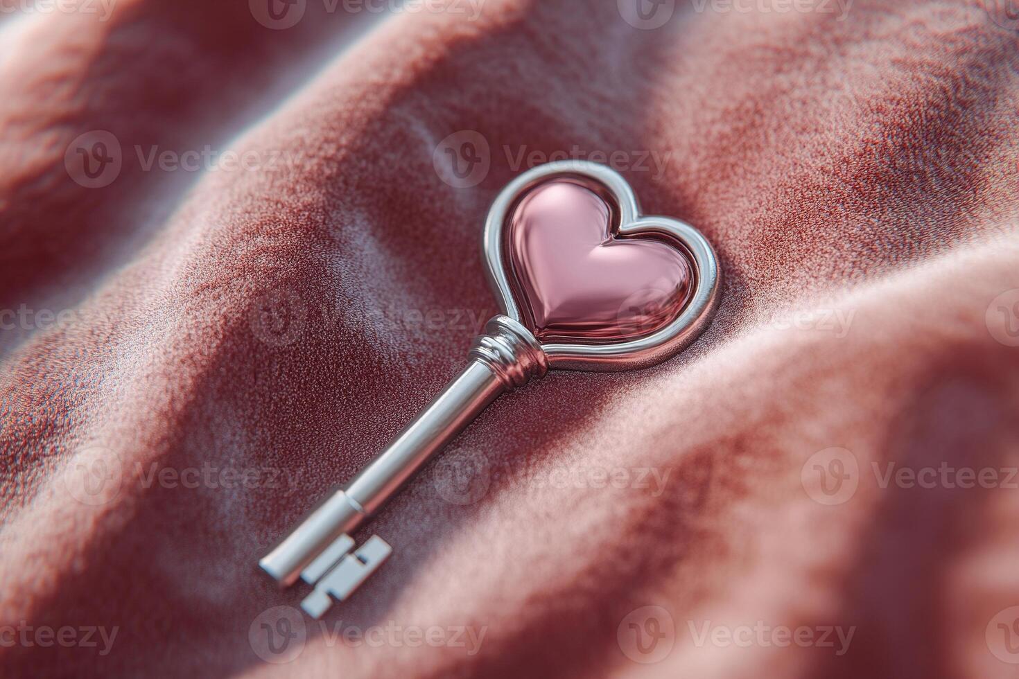 A finely detailed key with a heart-shaped head lies on a luxurious velvet-textured surface, enhanced by glowing accents. This elegant design captures romantic symbolism and stylish charm photo