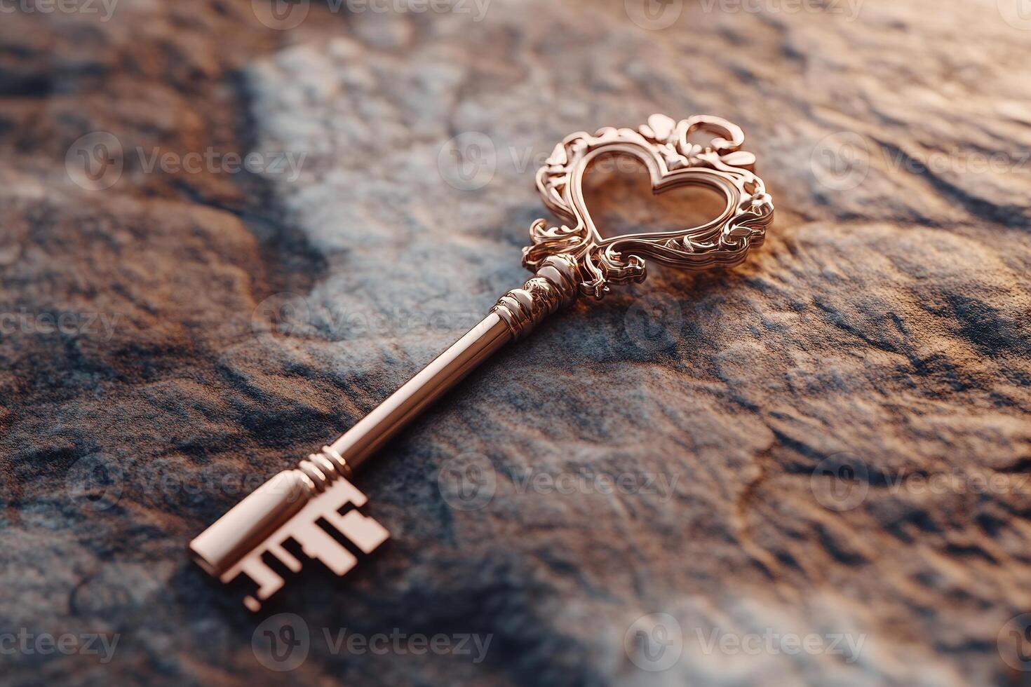 A finely detailed key featuring a heart-shaped head is placed on a smooth velvet-textured background. The glowing accents enhance its symbolic elegance, offering ample clean space for text overlay photo