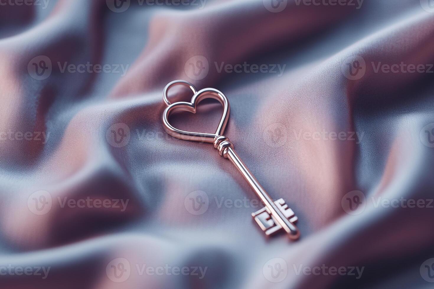 A beautifully crafted 3D key features a heart-shaped head, resting on a soft velvet surface. The glowing accents enhance its elegance, making it a perfect symbol for love and opportunities photo