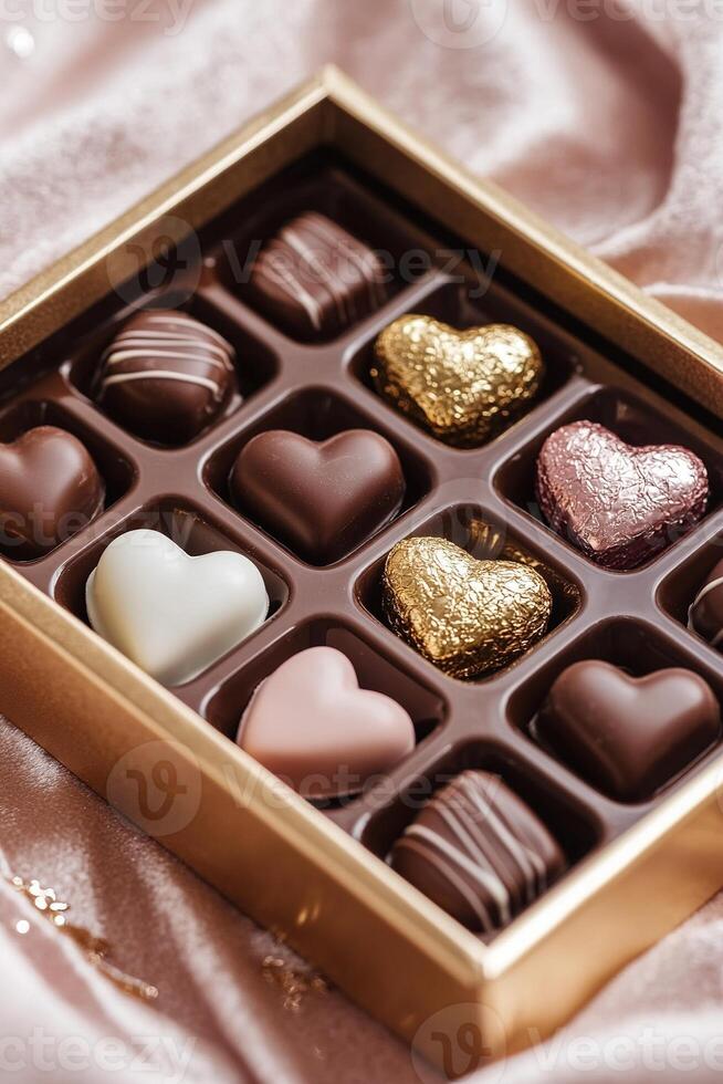 A luxurious box filled with assorted heart-shaped chocolates in gold and red wrappers rests on a velvet-textured surface. Soft glowing light enhances the indulgent ambiance, perfect for celebrations photo