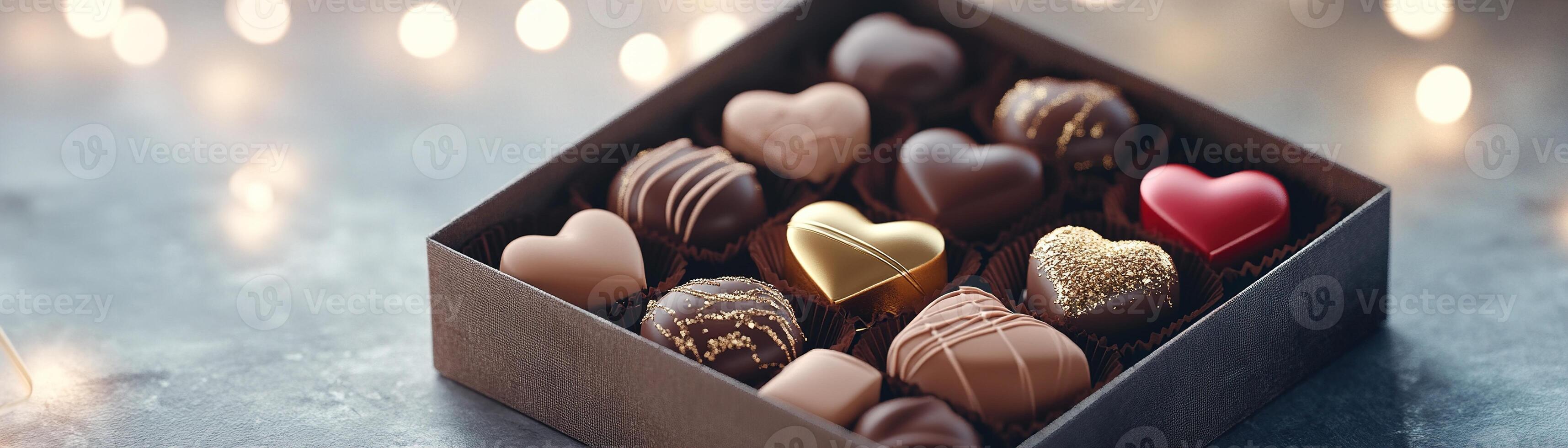 An inviting box filled with assorted heart-shaped chocolates showcases rich colors and textures, perfectly placed on a velvet background, illuminated by soft, warm light photo