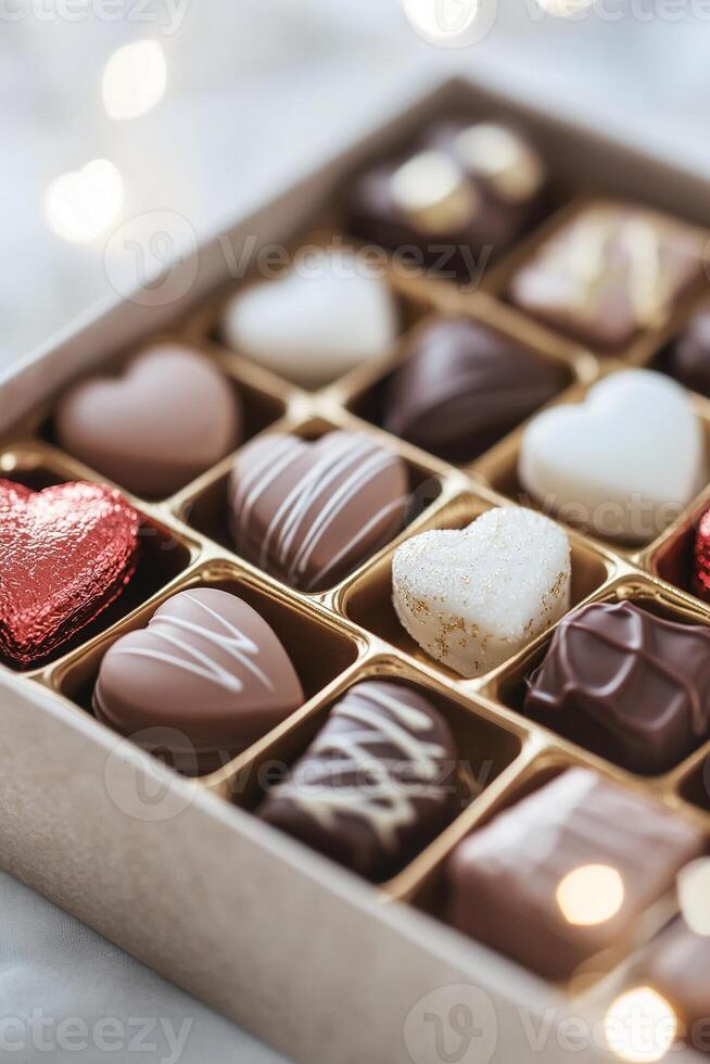 A luxurious box displays assorted heart-shaped chocolates wrapped in gold and red, set against a soft velvet texture. The gentle glow enhances the indulgent atmosphere, perfect for special moments photo