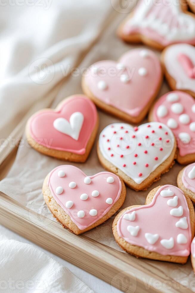 A delightful assortment of heart-shaped cookies adorned with pink, white, and red icing patterns lays on a wooden tray. This inviting display suits any cheerful occasion photo