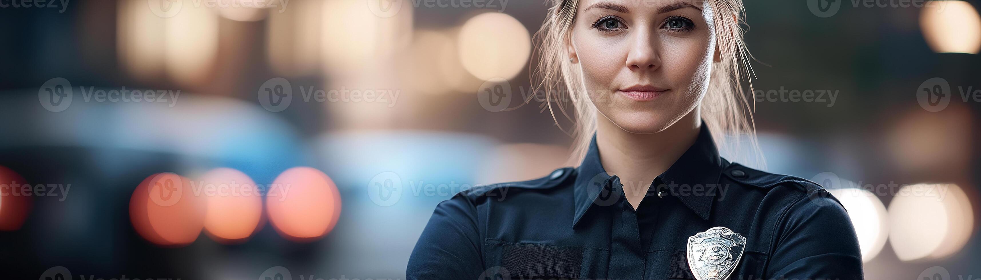 A confident female police officer stands with crossed arms in a clean urban setting. Her badge shines brightly, symbolizing protection and authority in the community photo