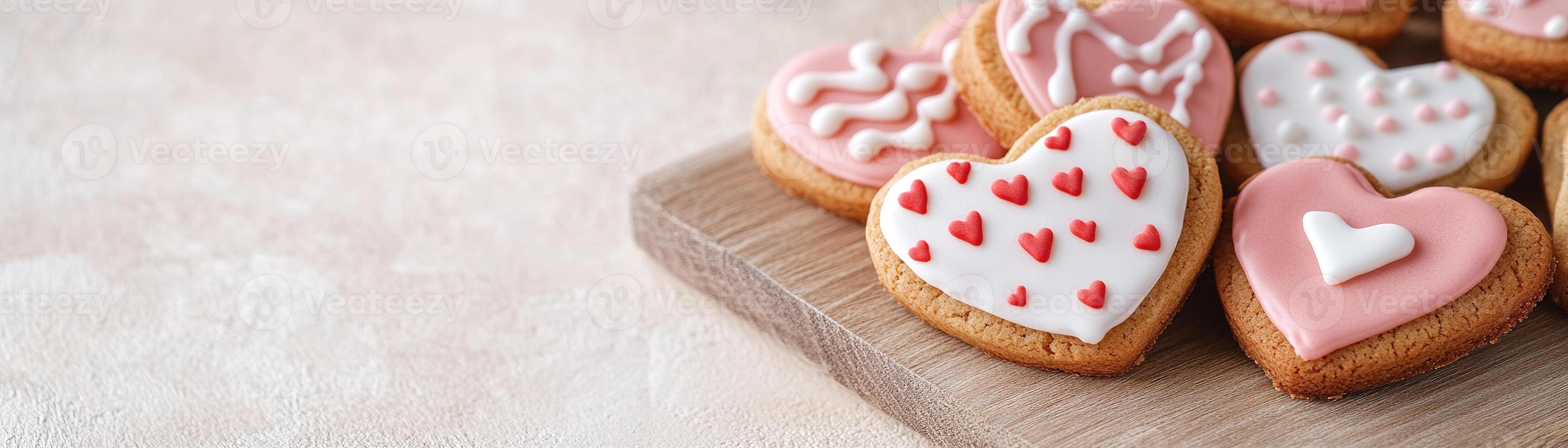 Heart-shaped cookies adorned with vibrant pink, white, and red icing patterns are artistically arranged on a wooden tray, set against a light pastel background, inviting joy and sweetness photo