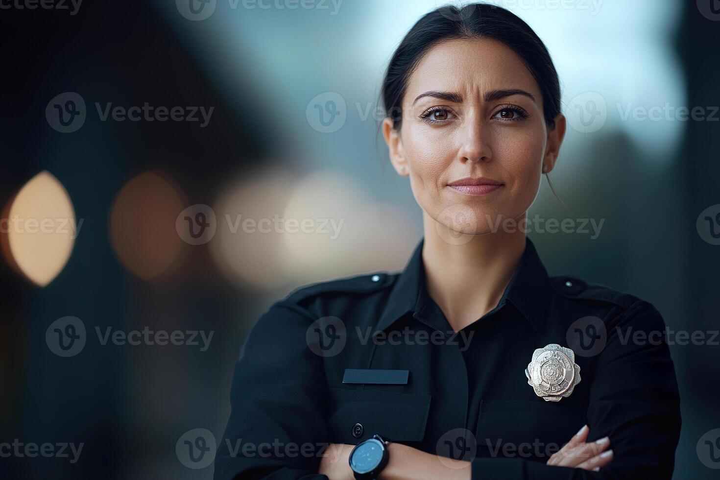 A confident female police officer stands with crossed arms and a shining badge. Her uniform displays authority and strength in a clean urban setting with ample space for text overlay photo