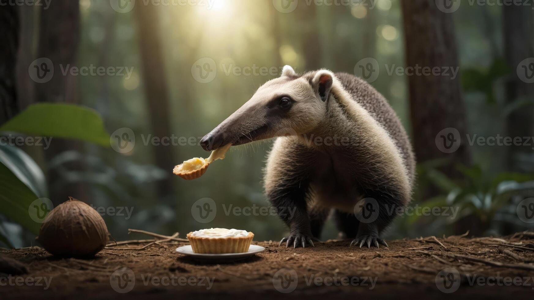 An anteater enjoys a pie in a lush forest setting. photo