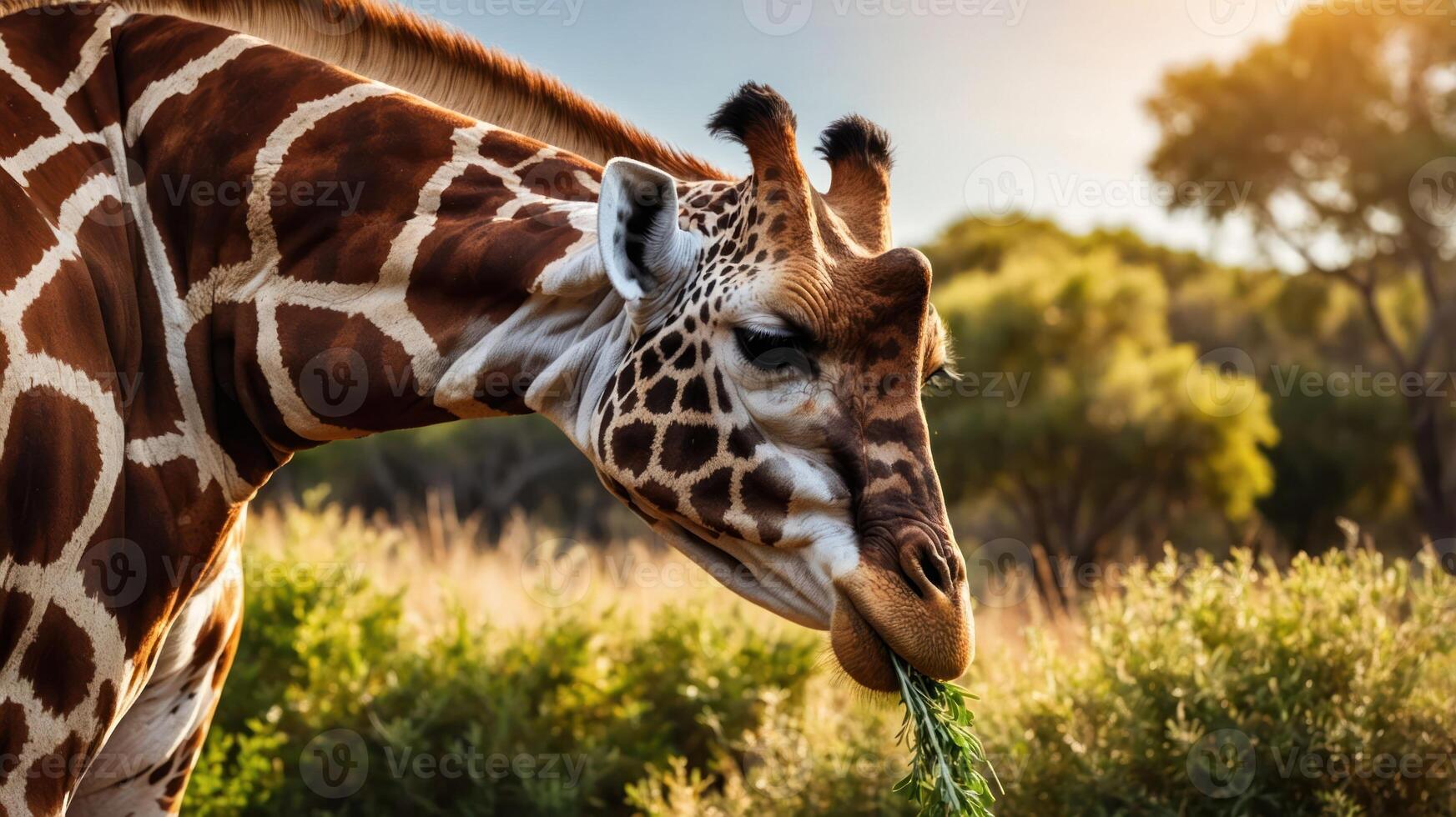A close-up of a giraffe eating in a natural setting, showcasing its unique features. photo