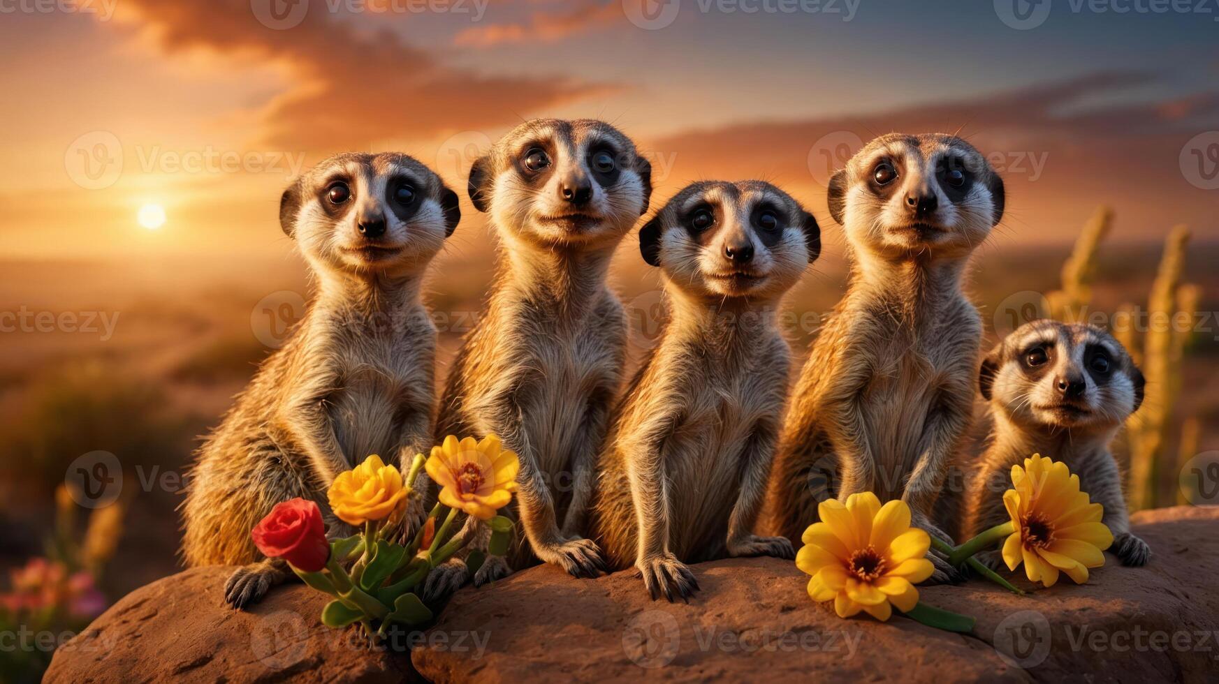 A group of meerkats posing with flowers against a sunset backdrop. photo