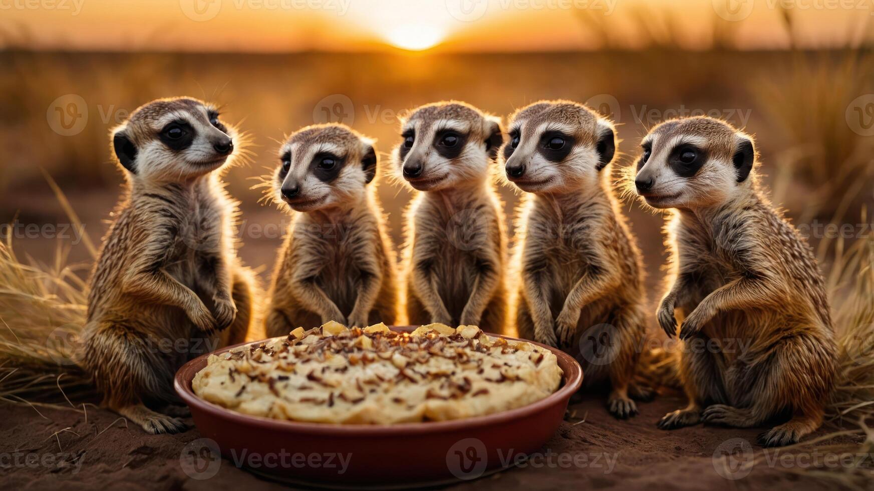 Five meerkats curiously gather around a pie at sunset in a serene outdoor setting. photo