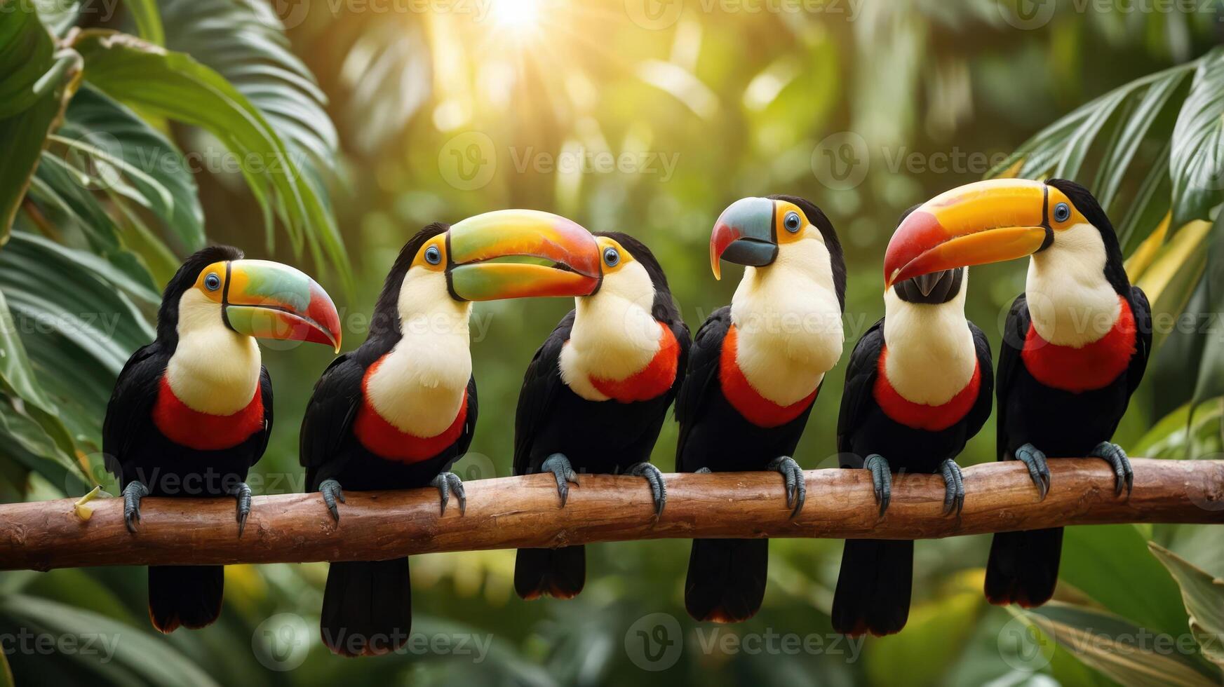 A vibrant group of toucans perched on a branch in a lush, tropical setting. photo