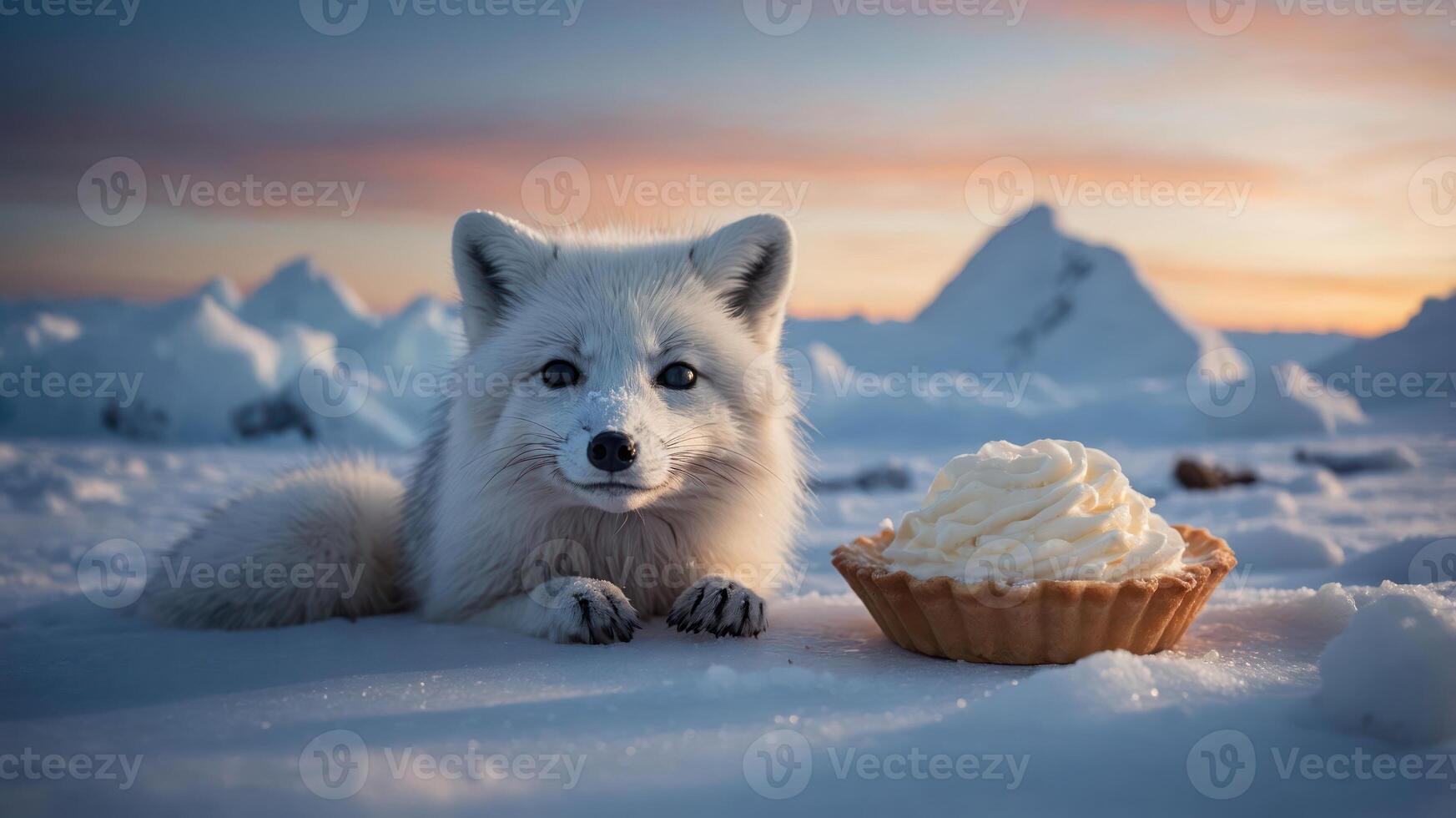 A playful arctic fox beside a pie in a snowy landscape at sunset. photo