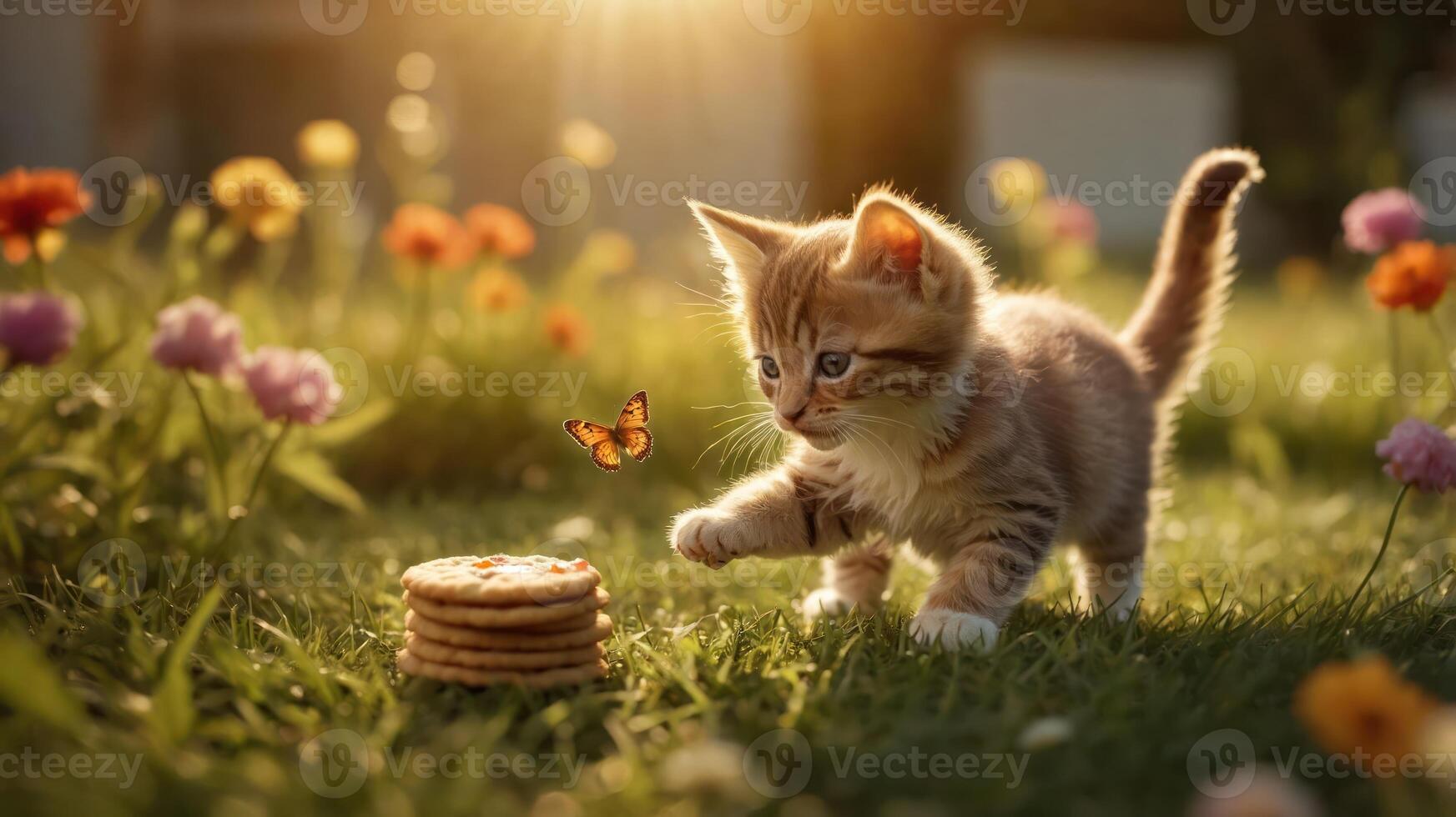 A playful kitten approaches a stack of cookies with a butterfly fluttering nearby in a garden. photo