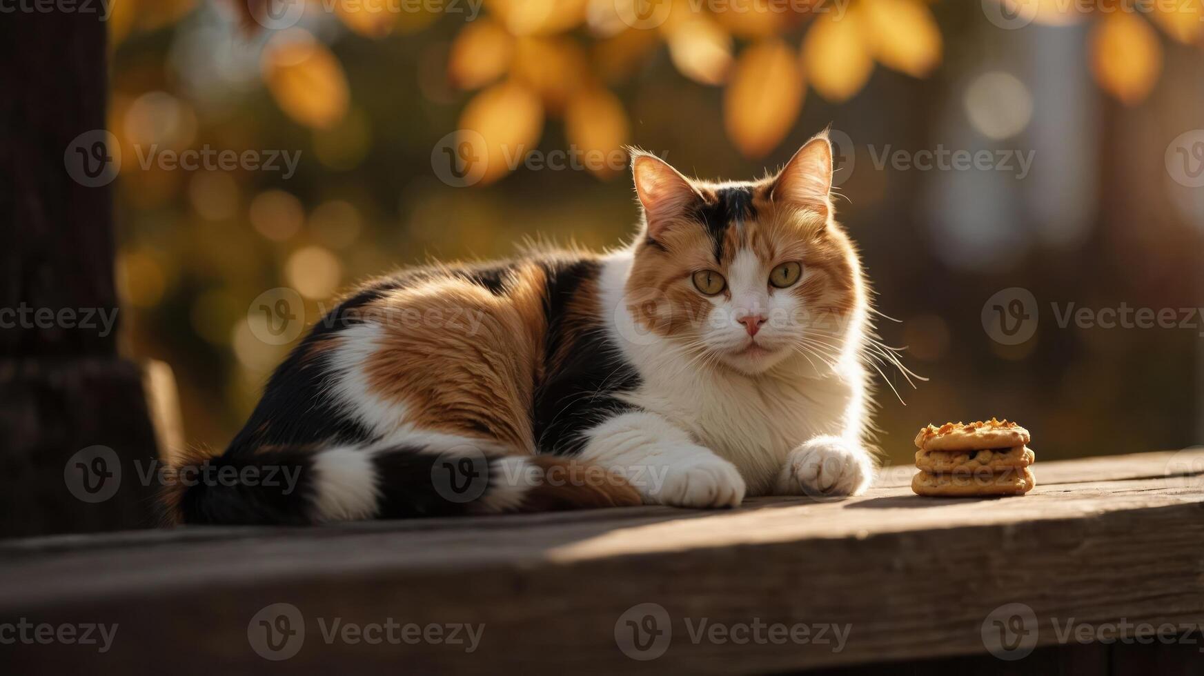 A calico cat lounging beside a stack of cookies in a warm, autumnal setting. photo