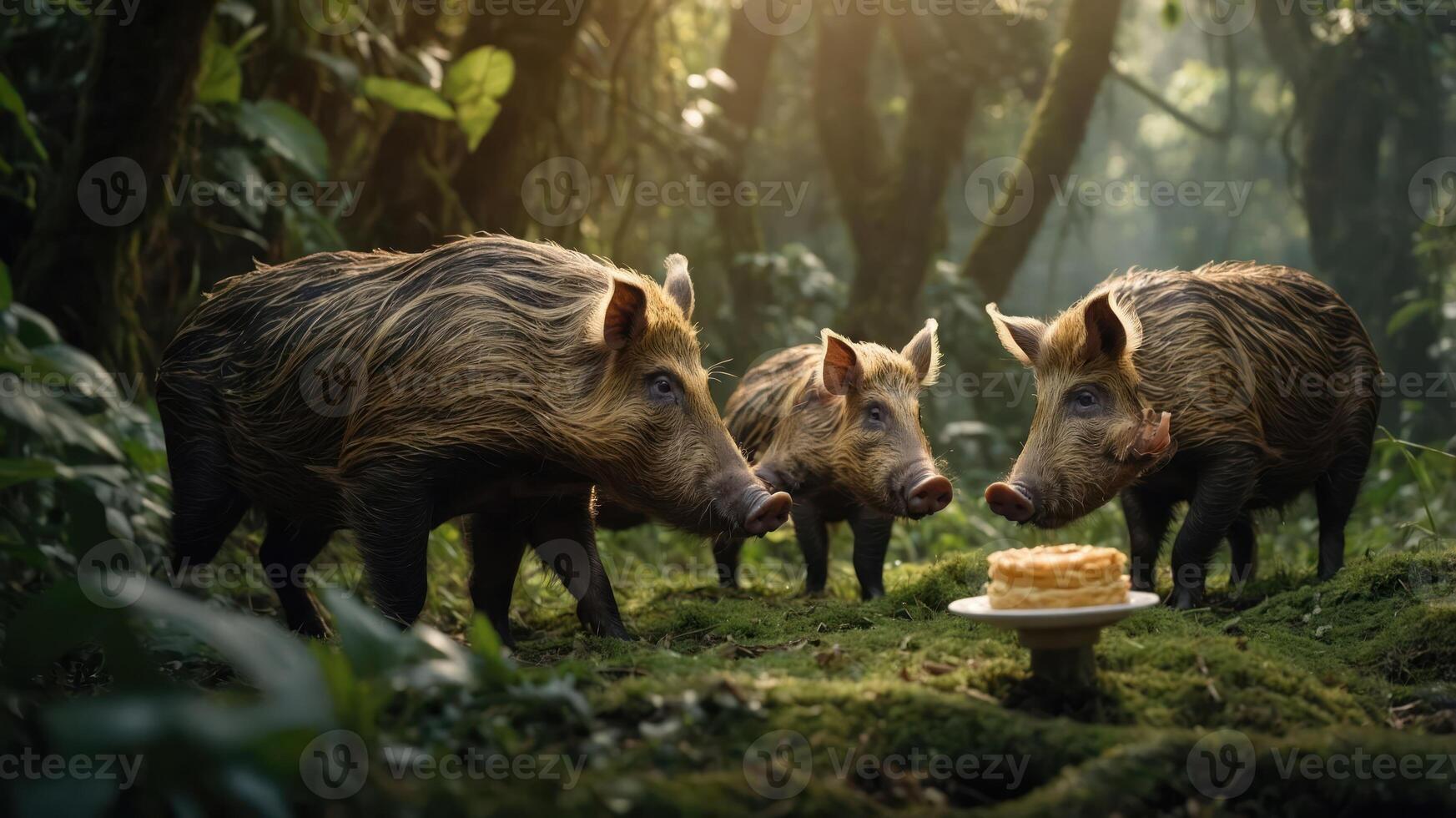 Three wild boars approach a cake in a lush forest setting. photo