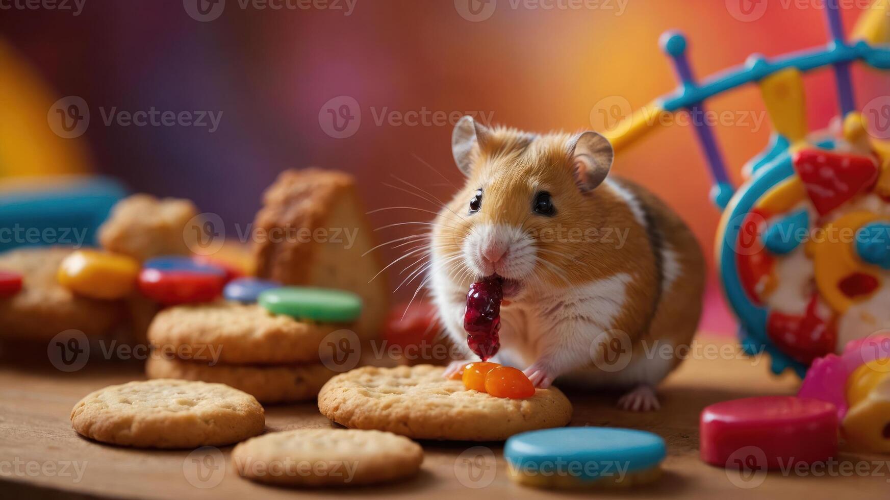 A hamster enjoys colorful treats among cookies and toys in a vibrant setting. photo