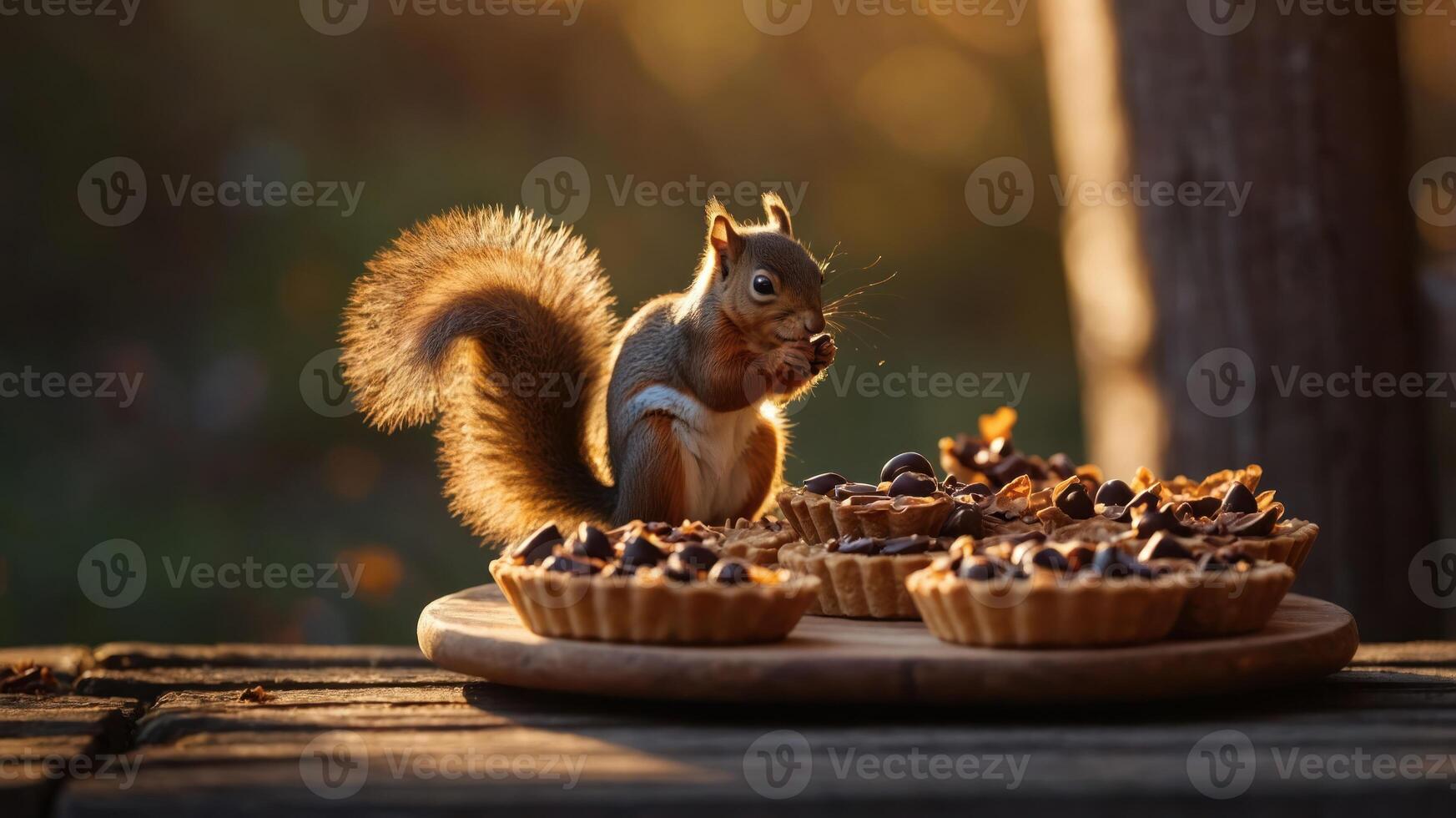 A squirrel enjoys a treat from a platter of tarts in a warm, natural setting. photo