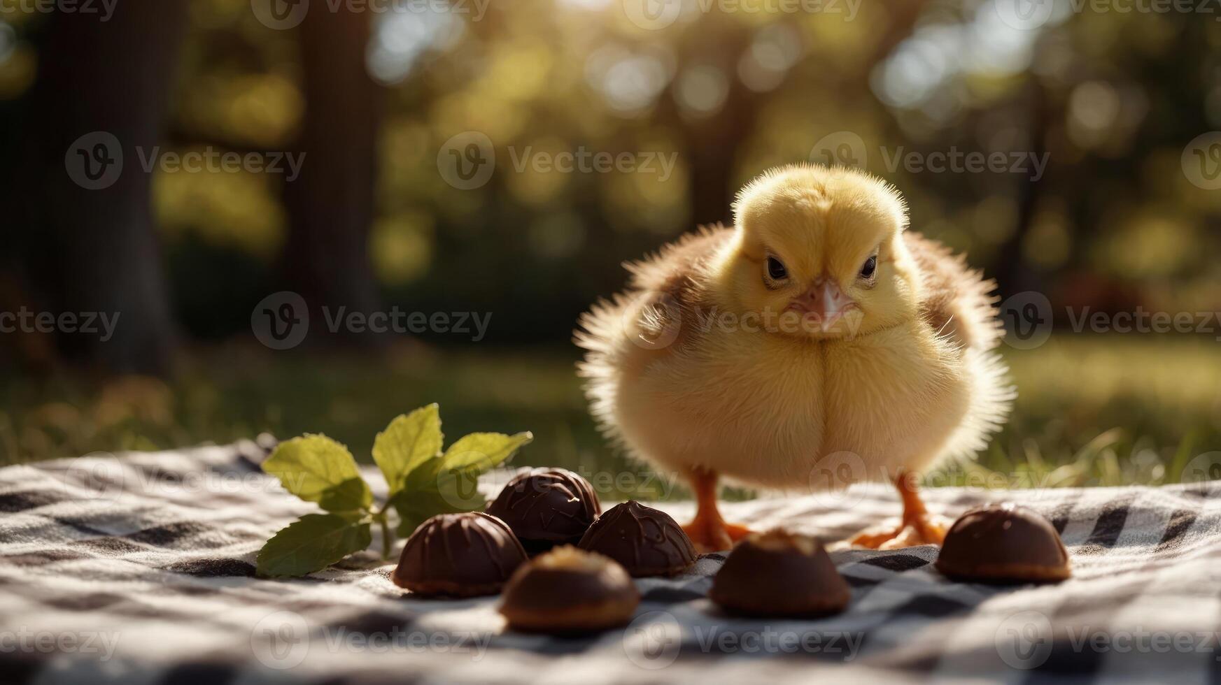 A fluffy chick stands on a picnic blanket with chocolate treats and greenery in the background. photo
