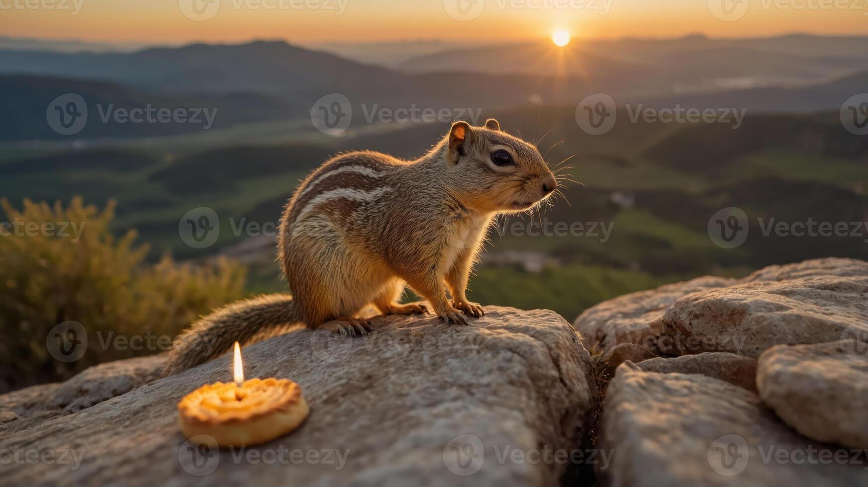 A chipmunk sits on a rock at sunset, next to a small pie with a candle. photo