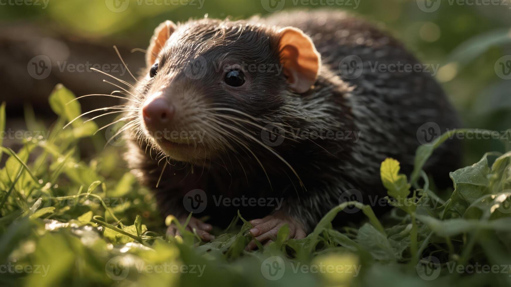 A close-up of a small mammal in a lush green environment. photo