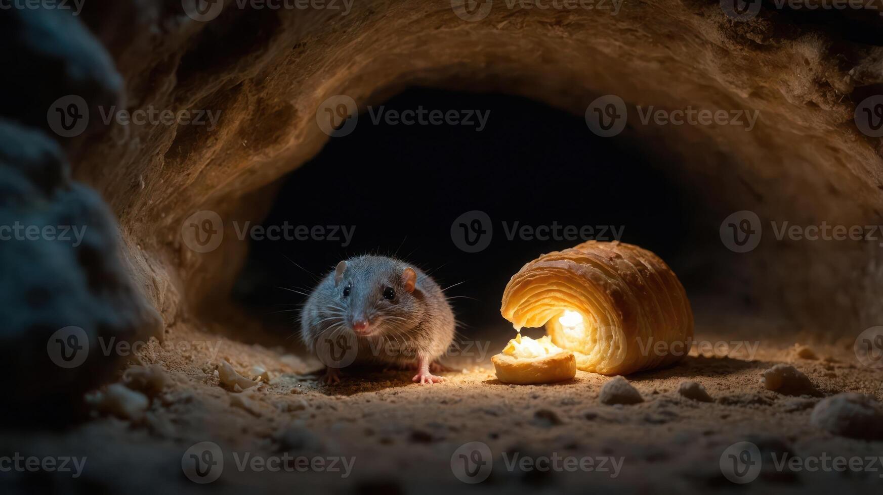 A small rodent near a glowing shell in a cave setting. photo