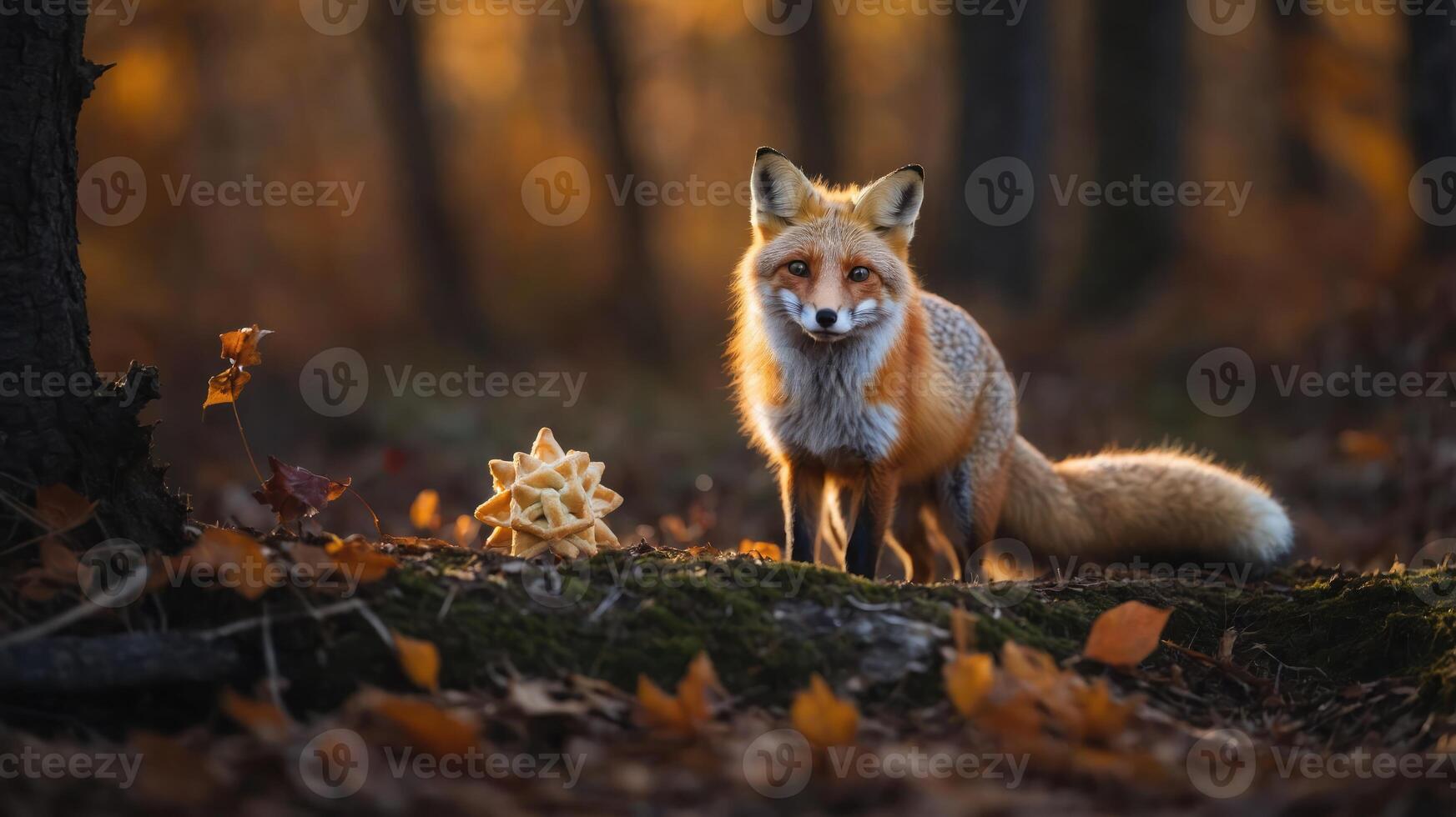 A fox stands in a forest with autumn leaves, illuminated by warm sunlight. photo