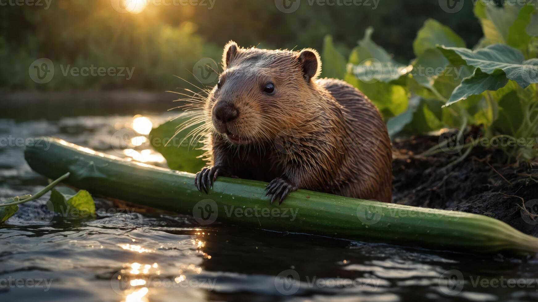 A beaver on a cucumber in a serene water setting during sunset. photo