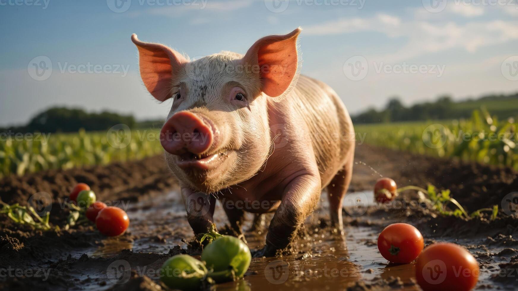 A playful pig wades through a muddy field, surrounded by fresh vegetables under a sunny sky. photo