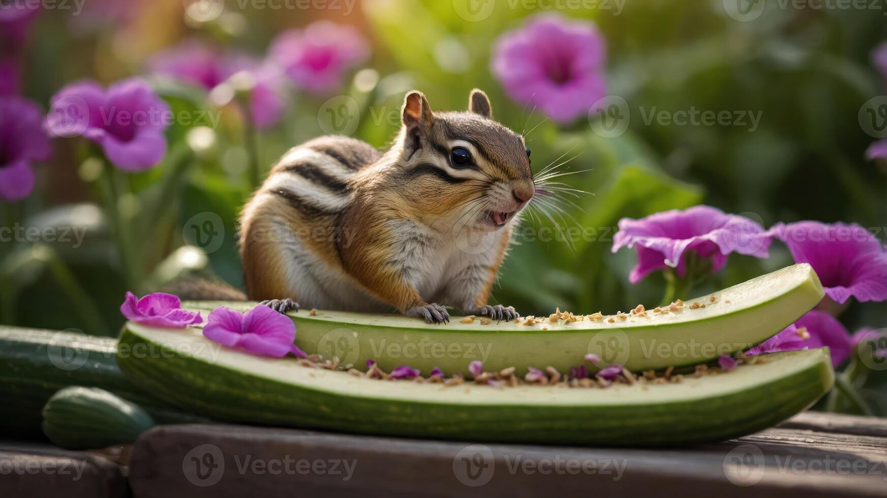 A chipmunk sits on cucumber slices surrounded by flowers, enjoying a snack in nature. photo