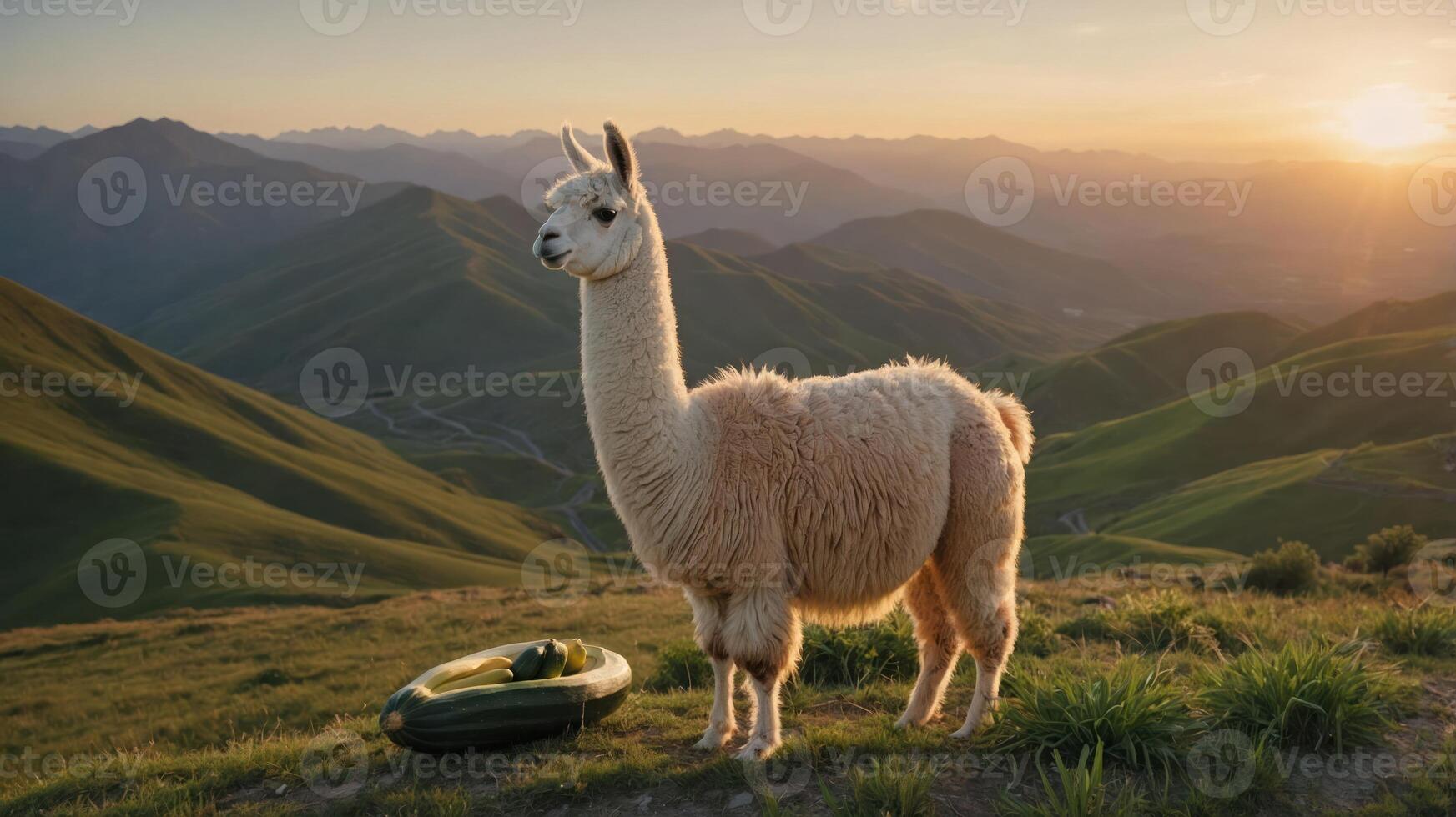 A llama stands on a hillside at sunset, beside a green inflatable object. photo