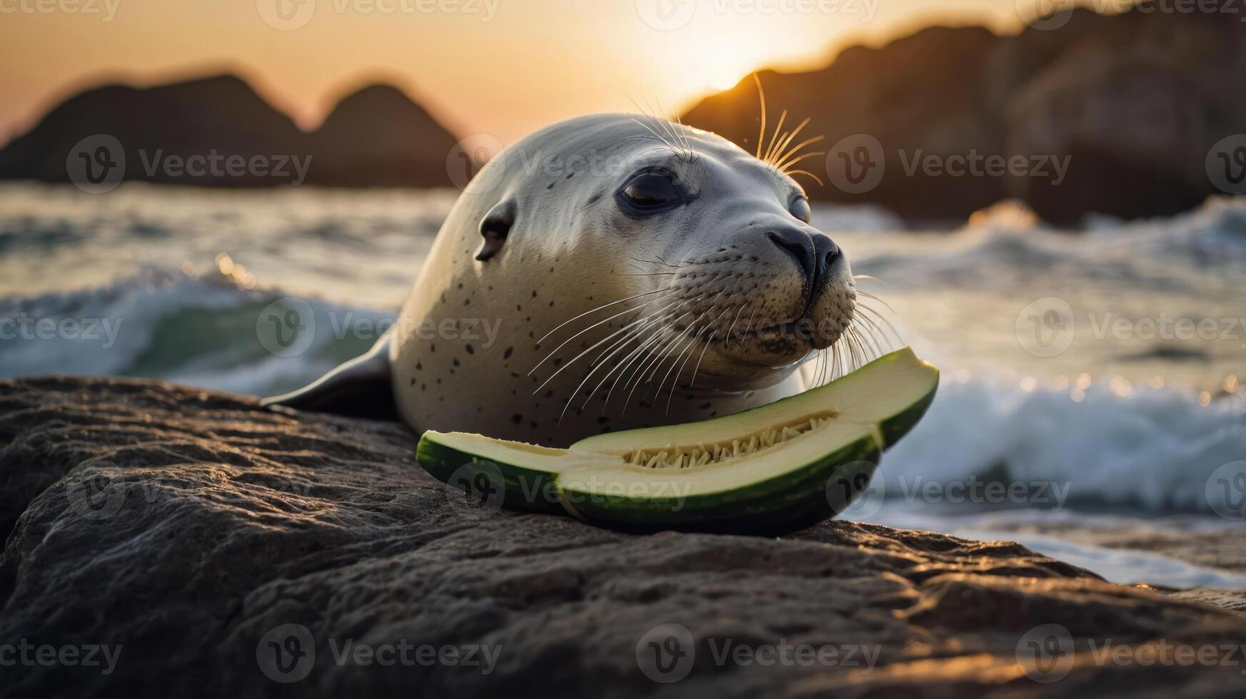 A seal resting on a rock with a slice of cucumber during sunset by the ocean. photo