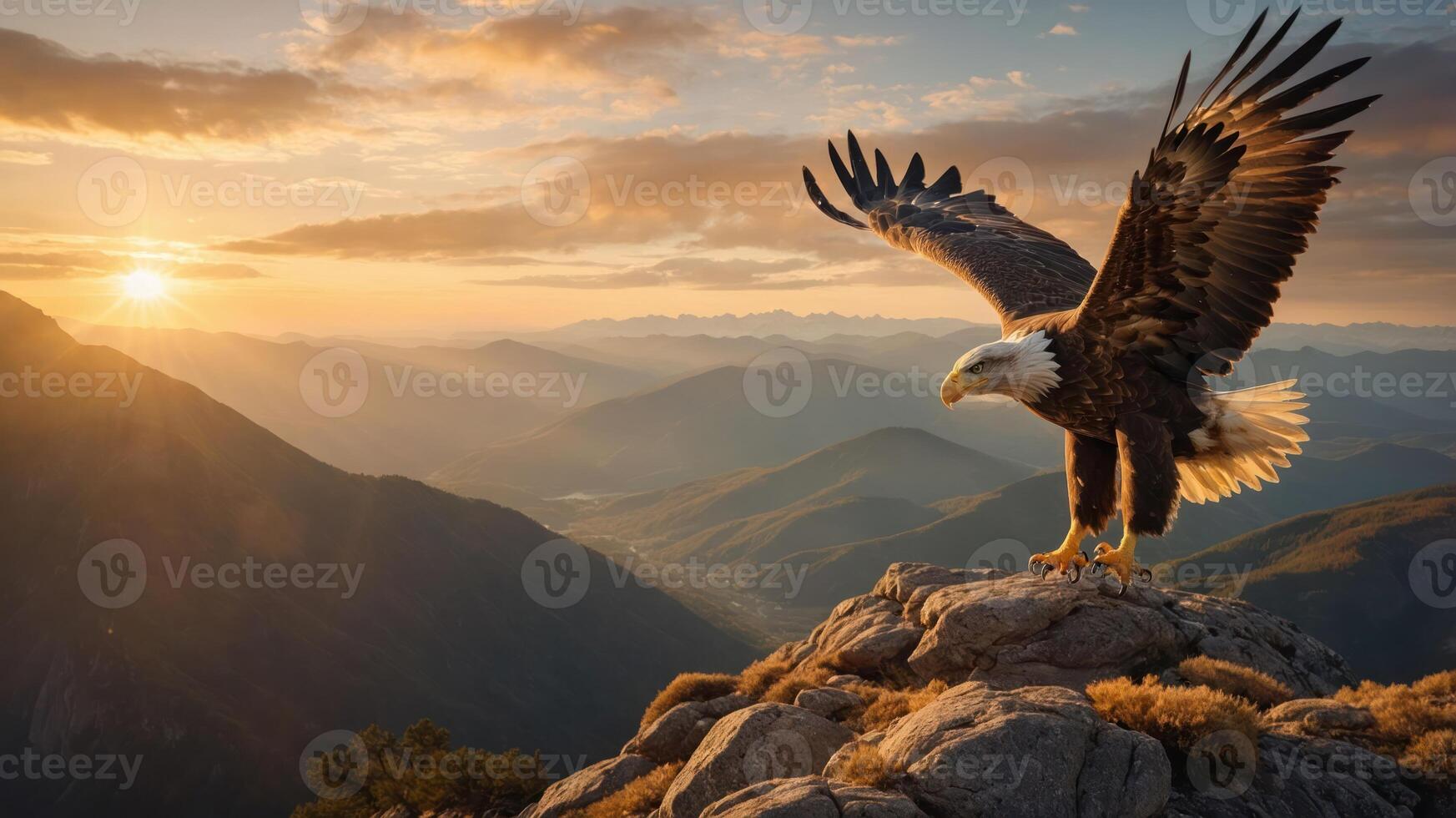 A majestic eagle spreads its wings at sunrise over a mountainous landscape. photo