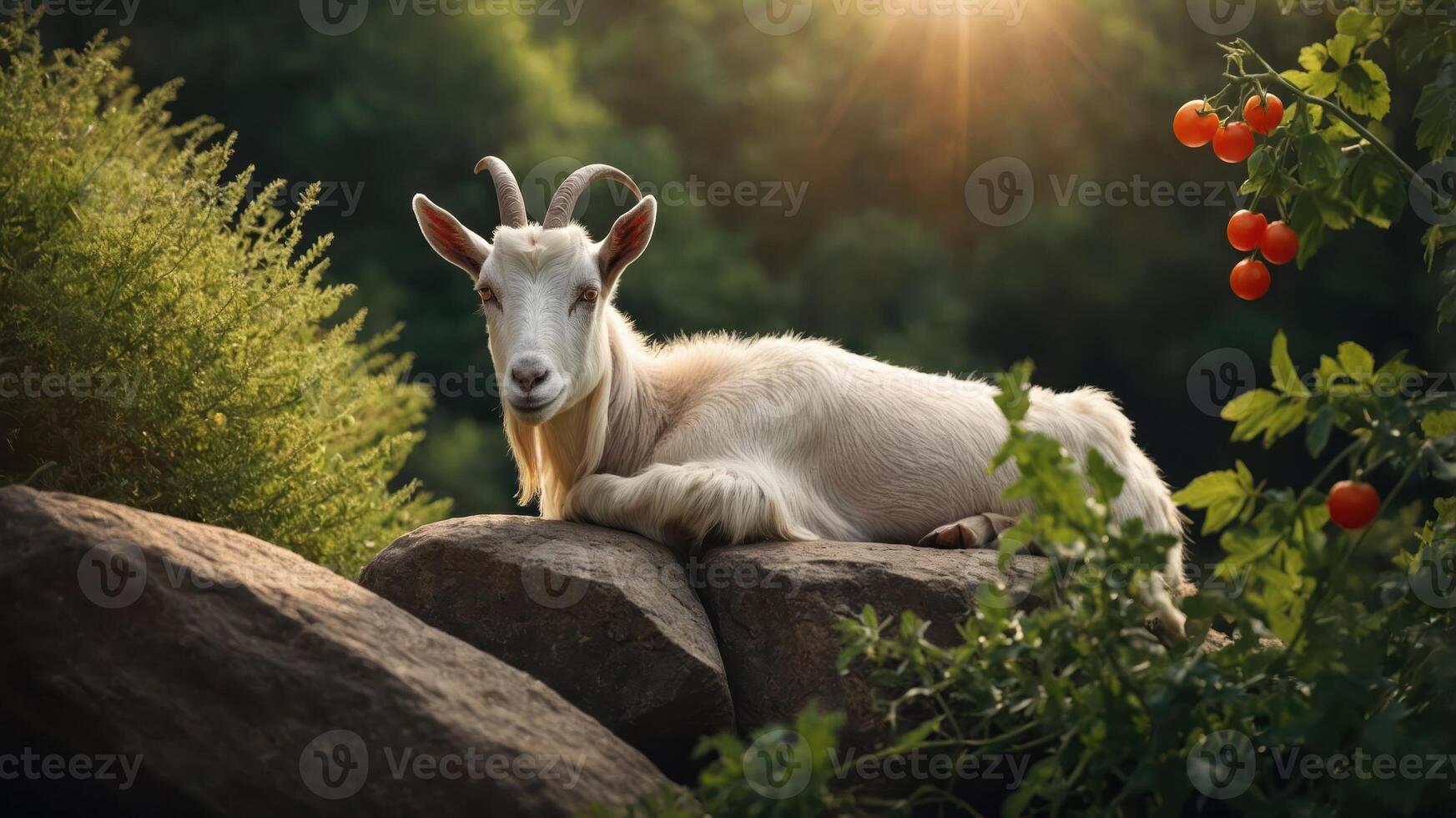 A goat resting on rocks amidst greenery and tomatoes, illuminated by soft sunlight. photo