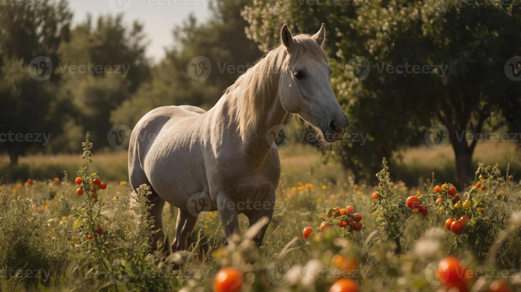 A white horse stands gracefully amidst a field of vibrant tomatoes and lush greenery. photo