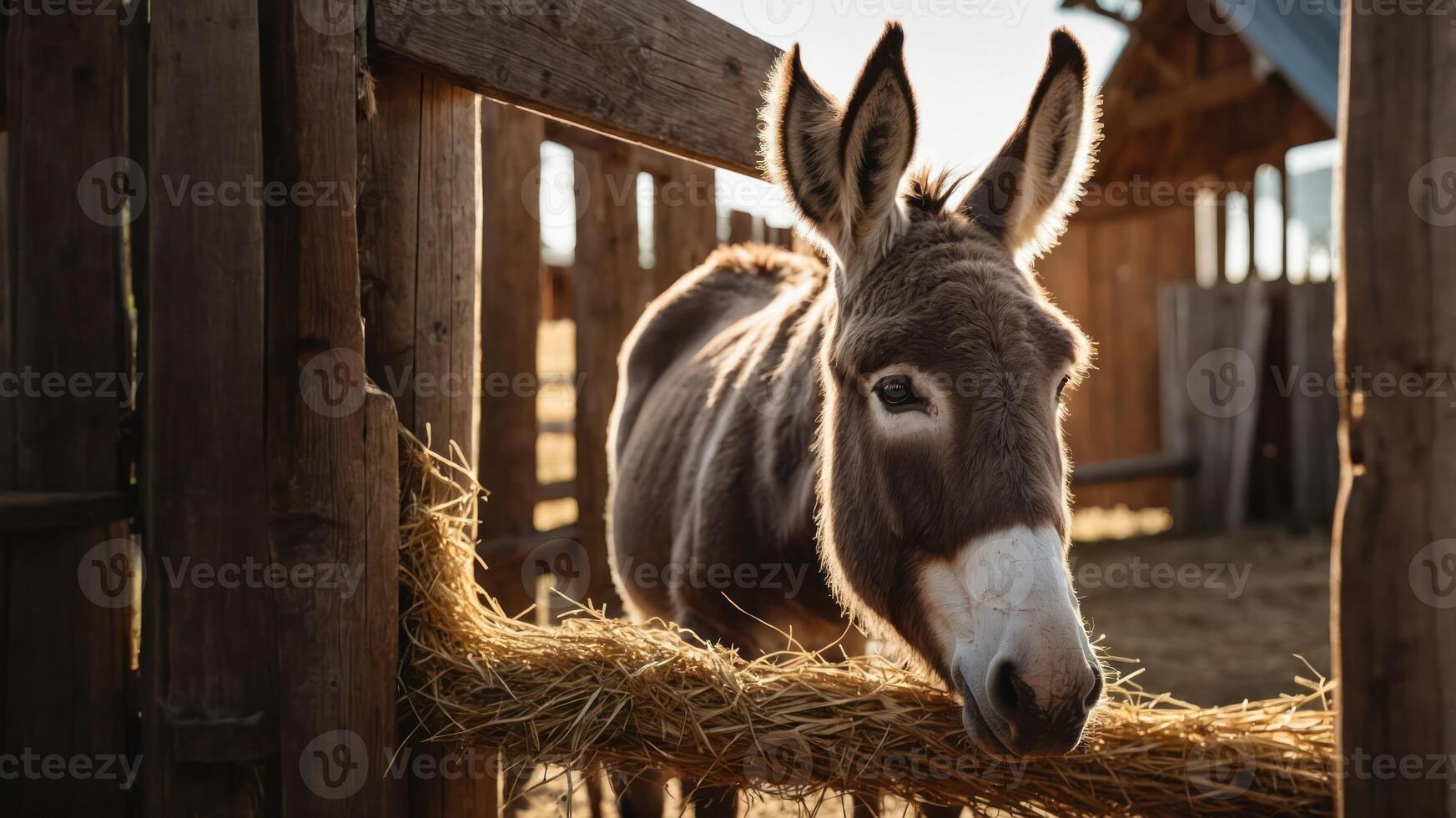 A donkey resting its head on hay in a rustic barn setting during golden hour. photo