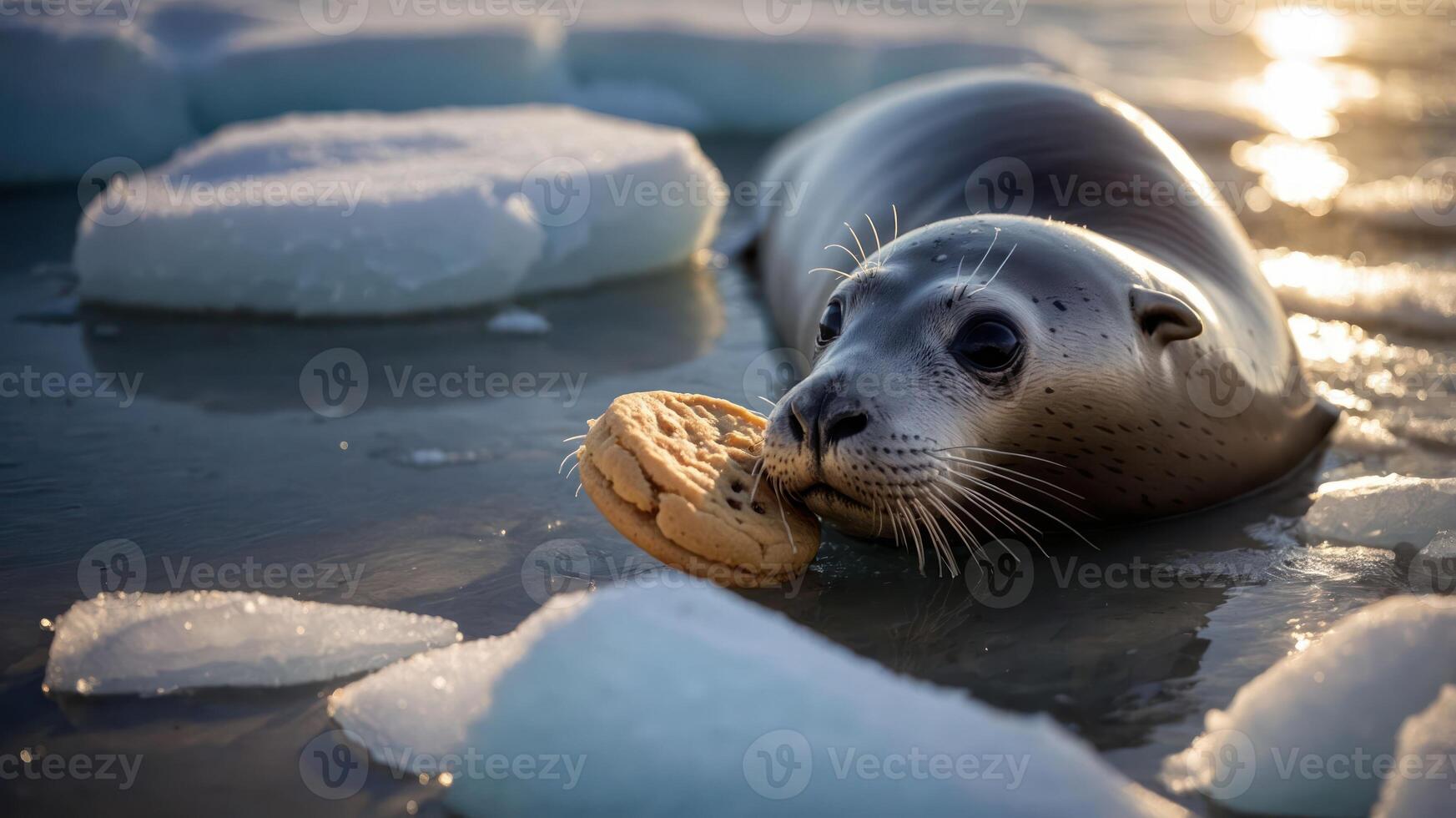 A seal resting on ice, playfully holding a cookie in its mouth. photo
