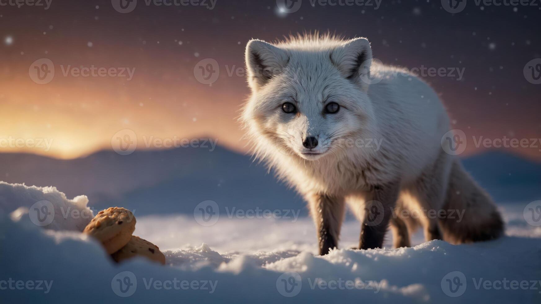 A curious arctic fox stands in the snow near cookies against a scenic sunset backdrop. photo