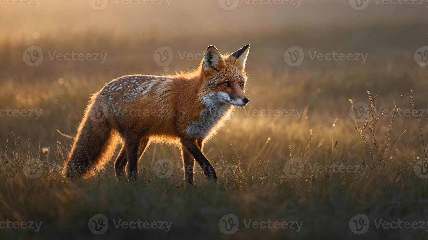 A red fox walks gracefully through a sunlit meadow, showcasing its vibrant fur and natural habitat. photo
