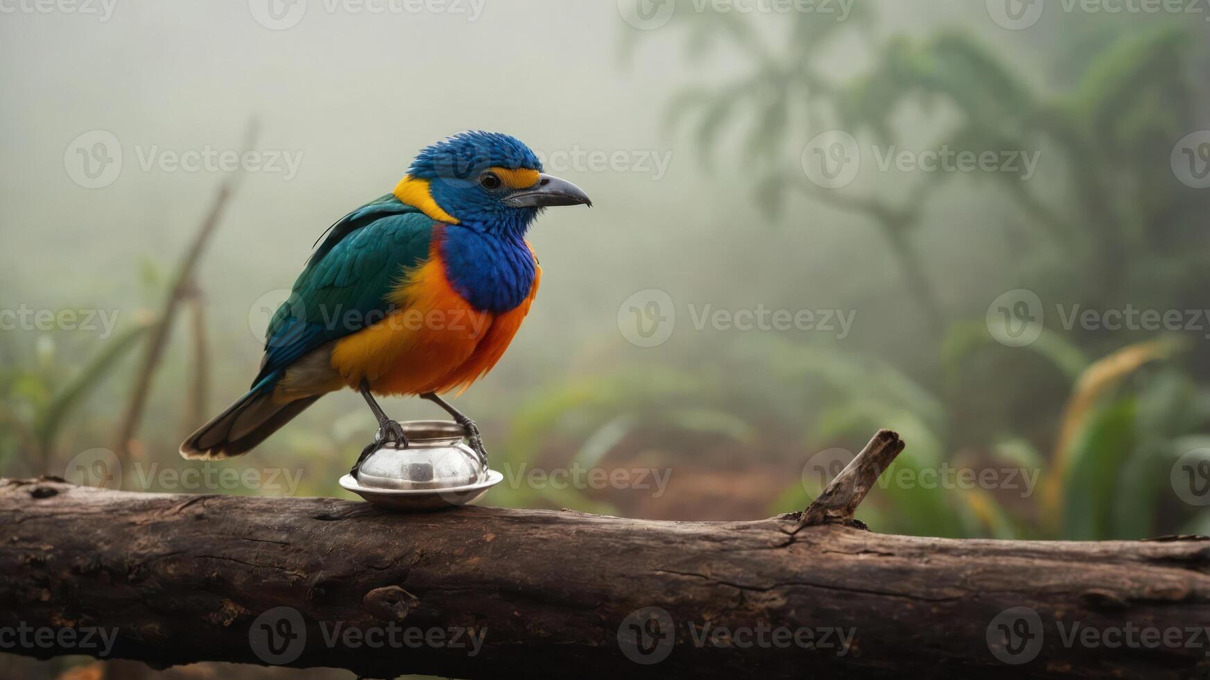A colorful bird perched on a log in a misty environment. photo