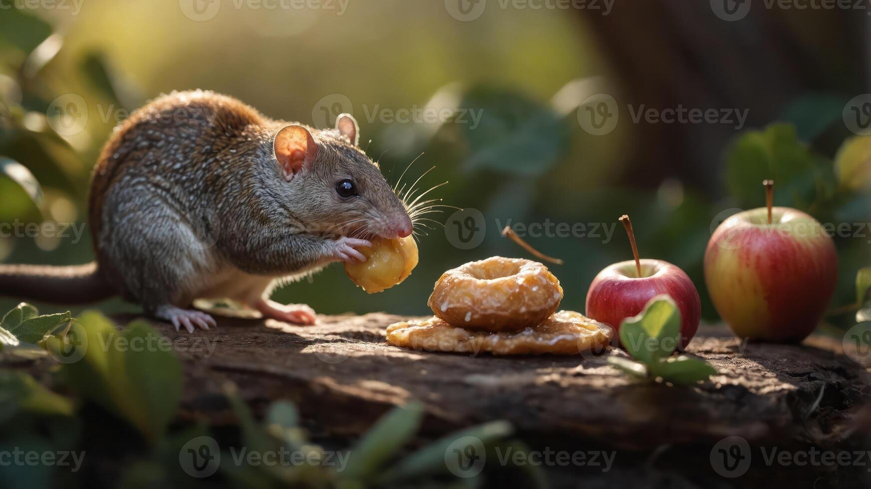 A small animal enjoying snacks in a natural setting with apples nearby. photo