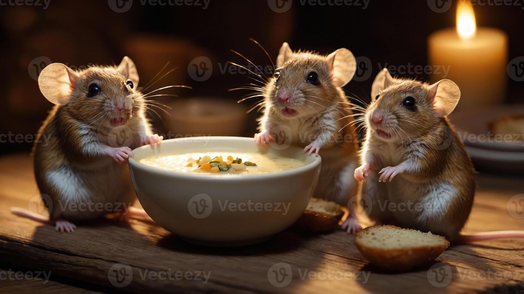 Three mice gathered around a bowl of soup with bread, creating a cozy atmosphere. photo