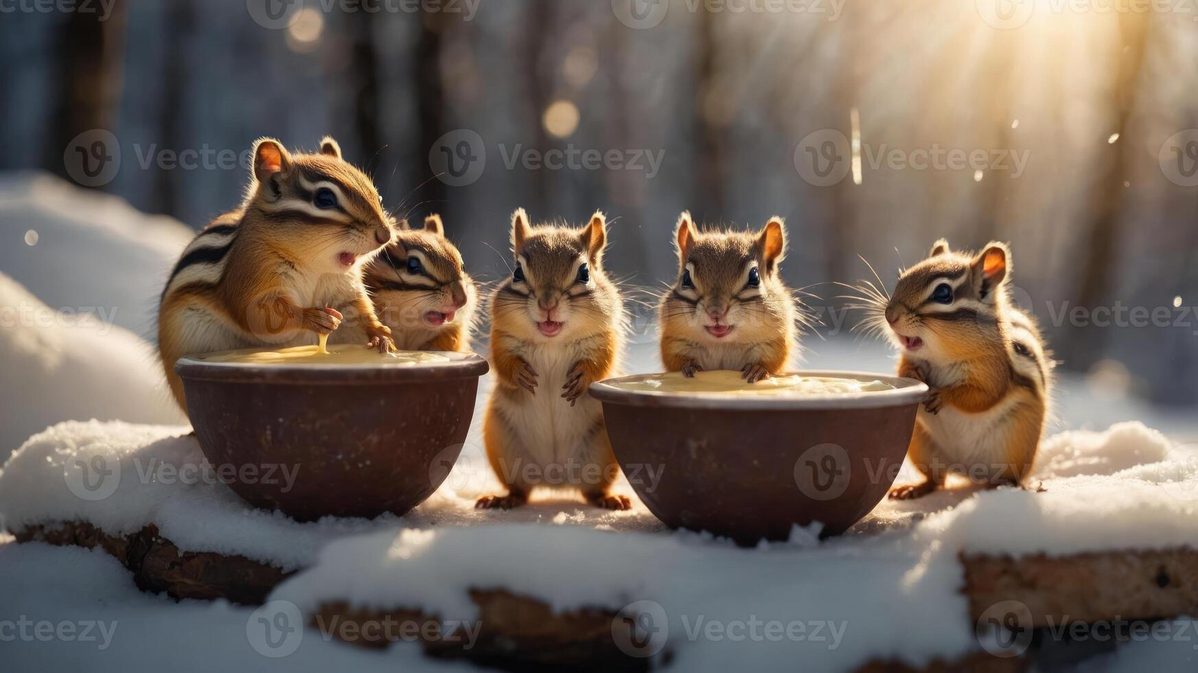Five chipmunks enjoying food from bowls in a snowy, sunlit forest setting. photo