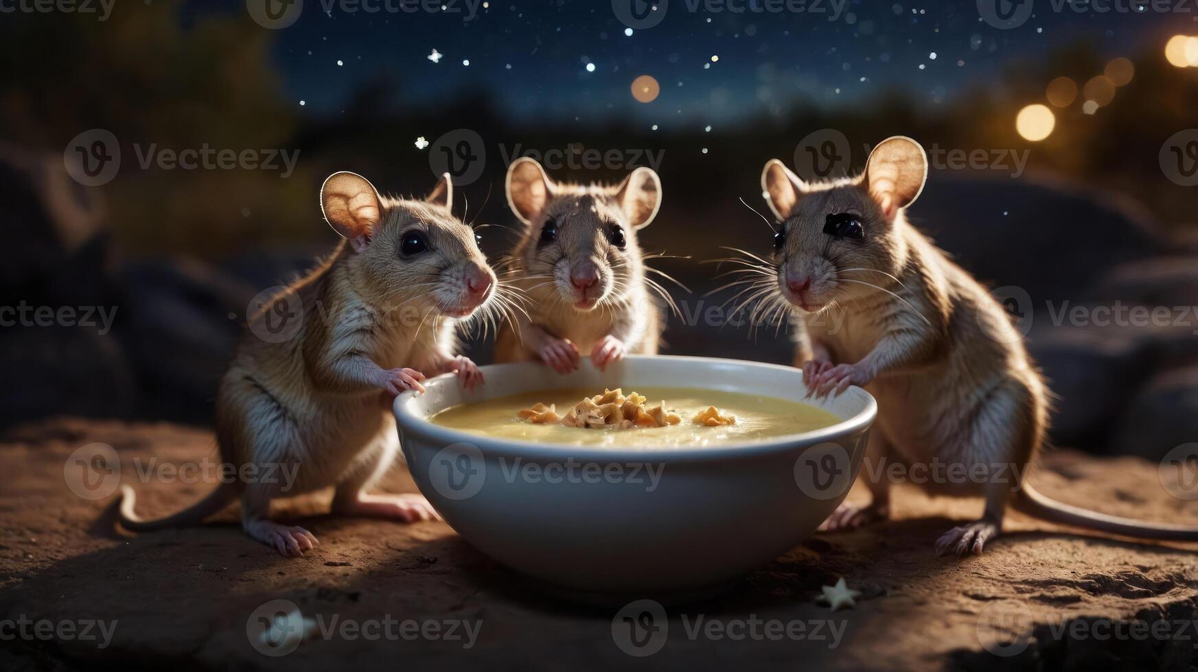 Three mice enjoying a bowl of soup under a starry night sky. photo