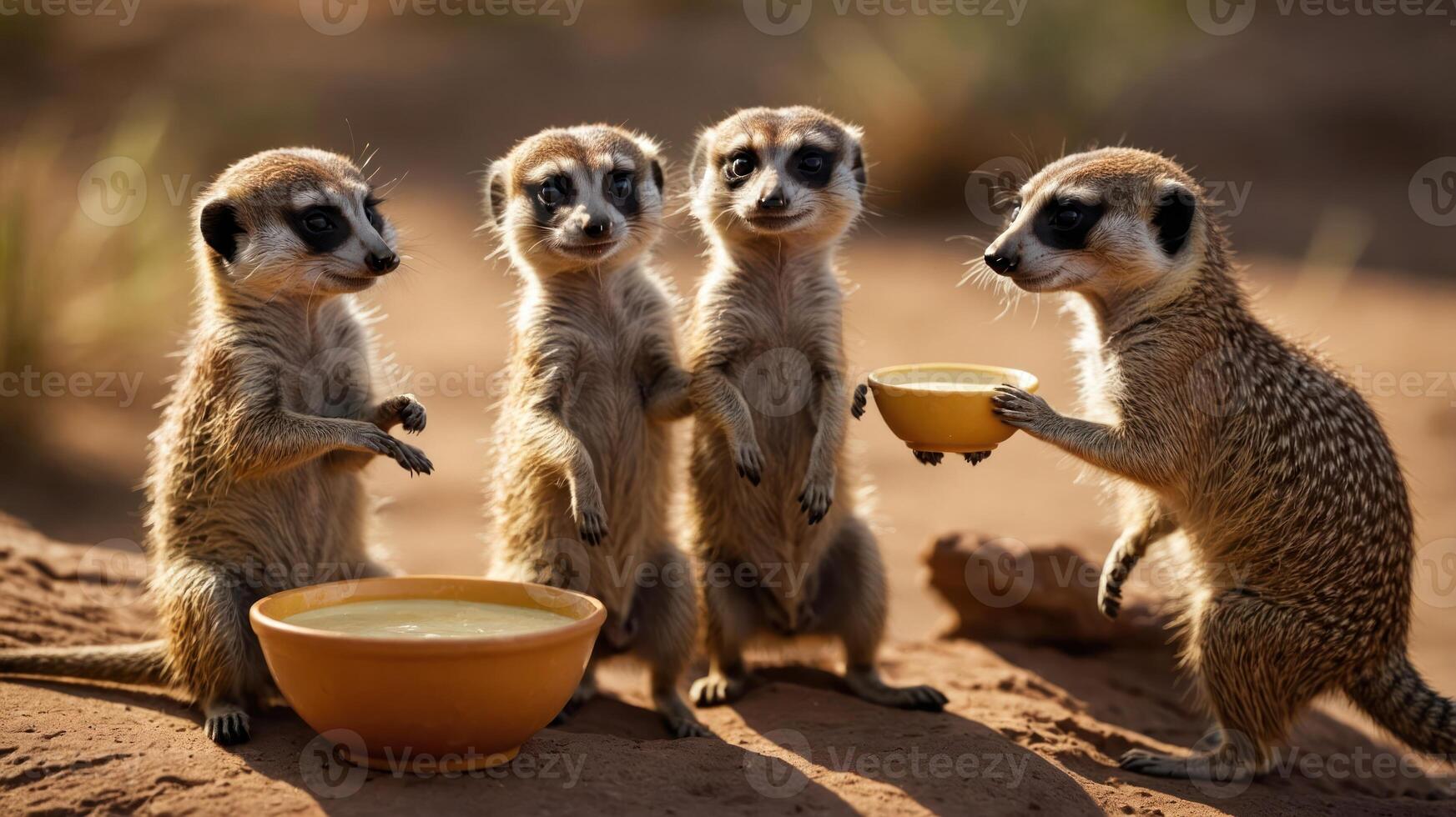 Four meerkats gathered around bowls, seemingly interacting in a playful manner. photo