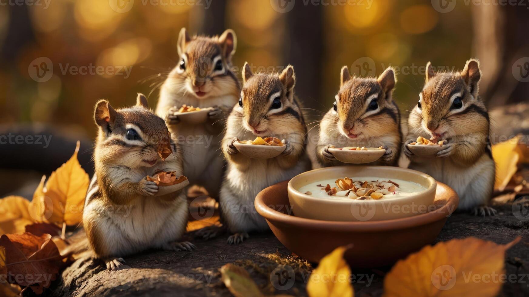 A group of chipmunks enjoying snacks from bowls in a serene autumn setting. photo