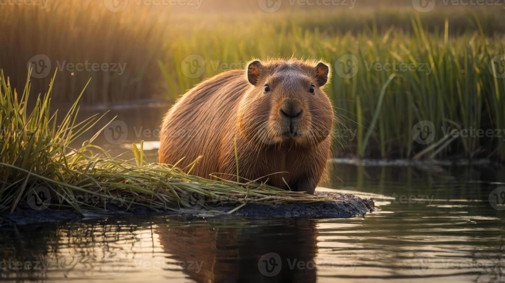 A capybara resting by the water's edge amidst tall grass during golden hour. photo