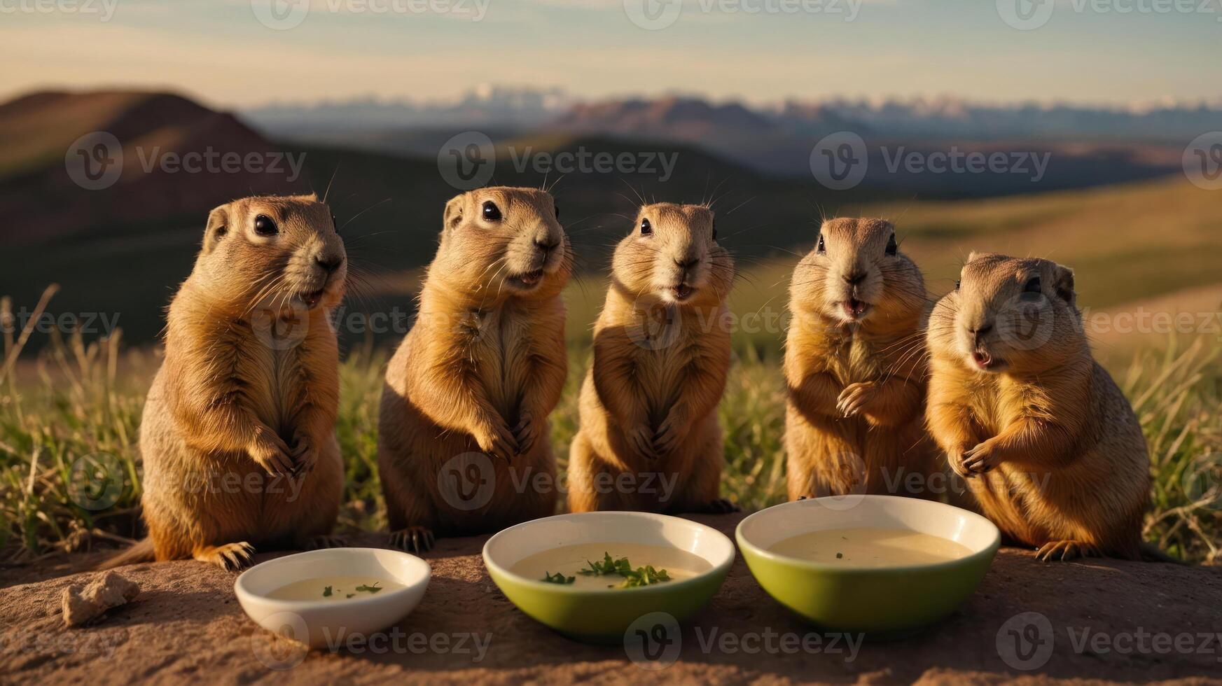Five prairie dogs enjoying food in bowls against a scenic backdrop. photo