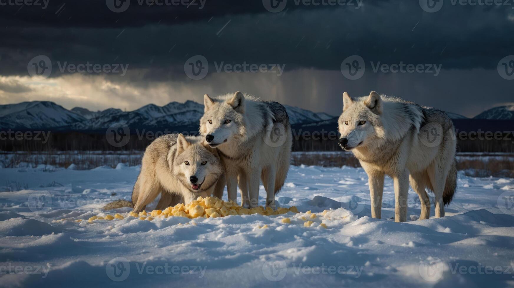Three wolves in a snowy landscape, feasting on food under a dramatic sky. photo